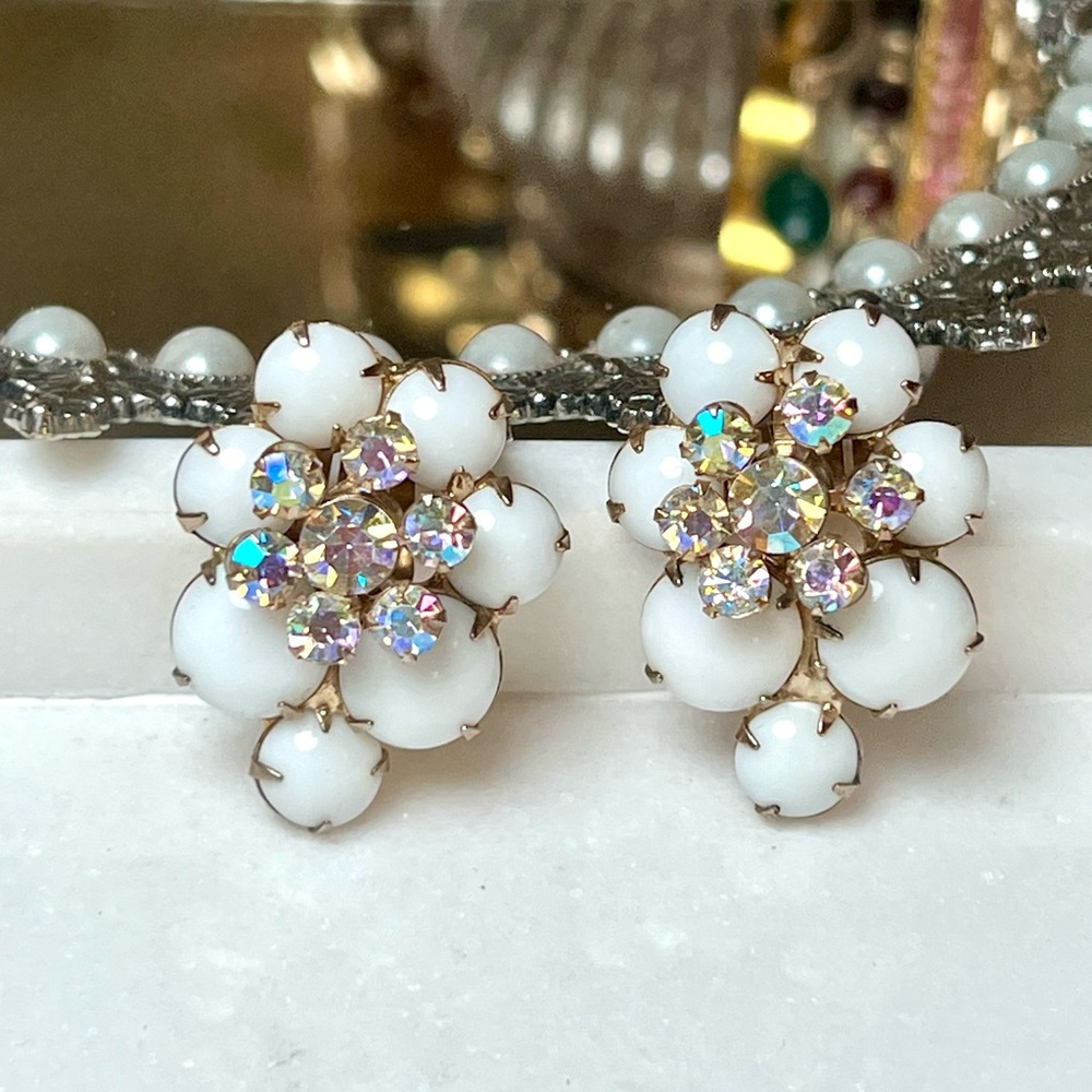 JULIANA Verified White Riveted Florette Round Cabochons Clip-On Earrings.